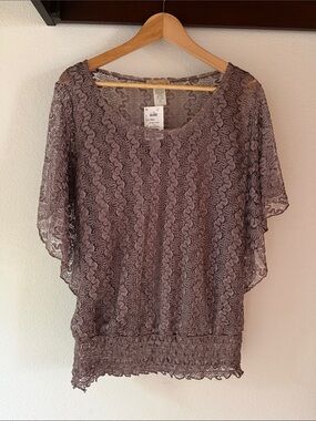 🆕 Lavish Lace Overlay Tank Flutter Sleeve Mauve, Elastic Waist, Size XL